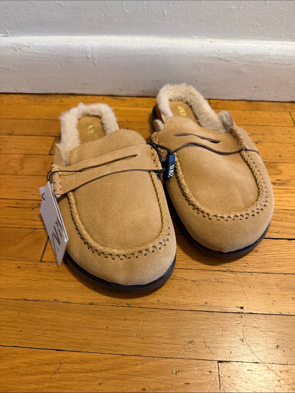 Zara Tan Suede Slip-On Loafers with Faux Fur Lining